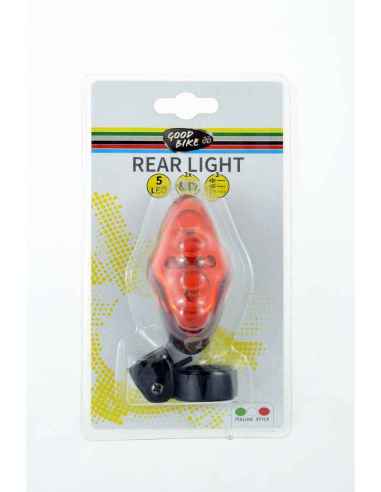 LUZ TRASERA ROJA 5 LEDS 3 FUNCIONES: MANUAL, INTERMITENTE Y CONSTANTE. NO INCLUYE BATERIA