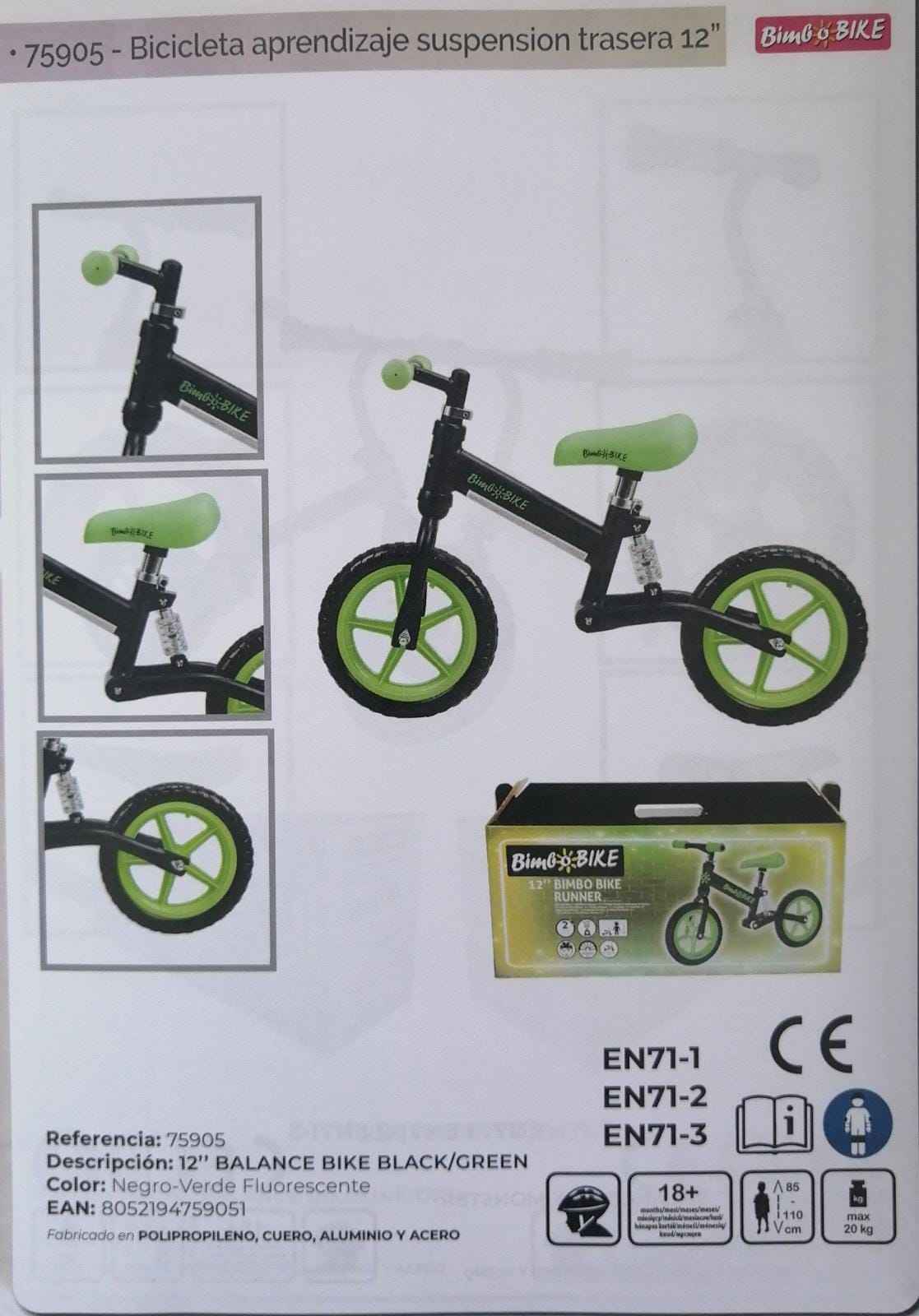BICICLETA APRENDIZAJE SIN PEDALES, 12", FLUORESCENTE VERDE Y NEGRA, 18+, 20 KG MAX