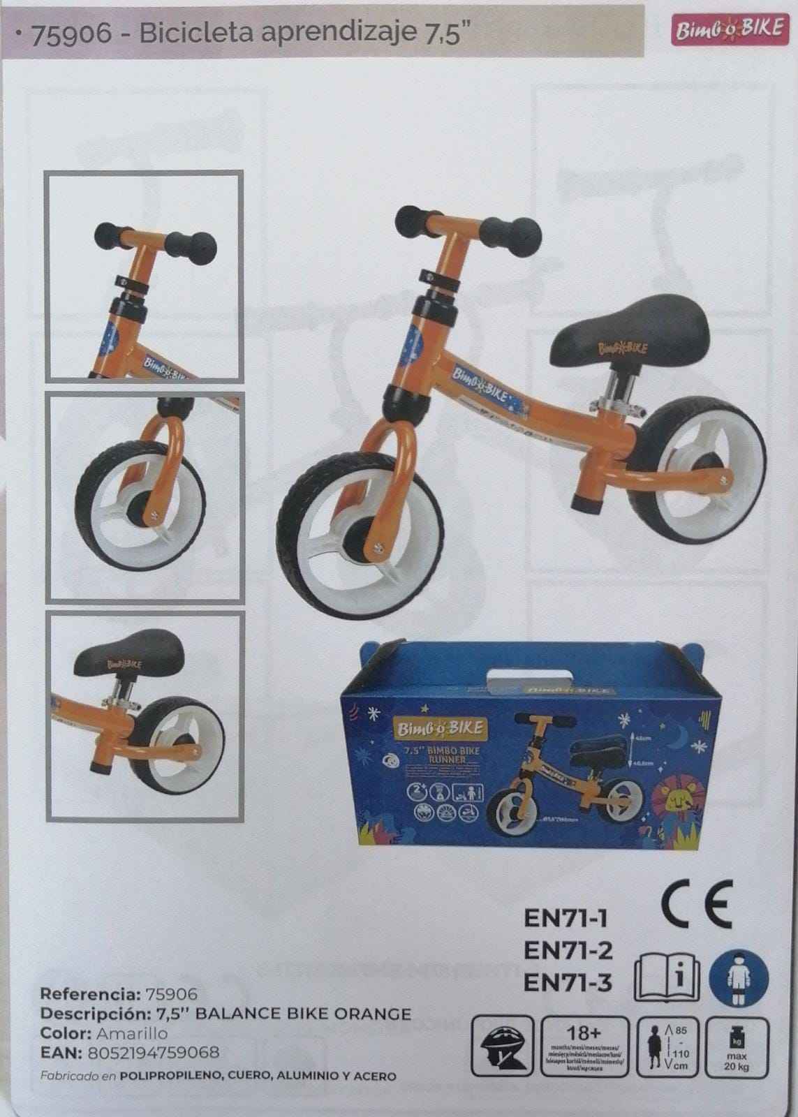 BICICLETA APRENDIZAJE SIN PEDALES, 7'5", NARANJA, 18+, 20 KG MAX