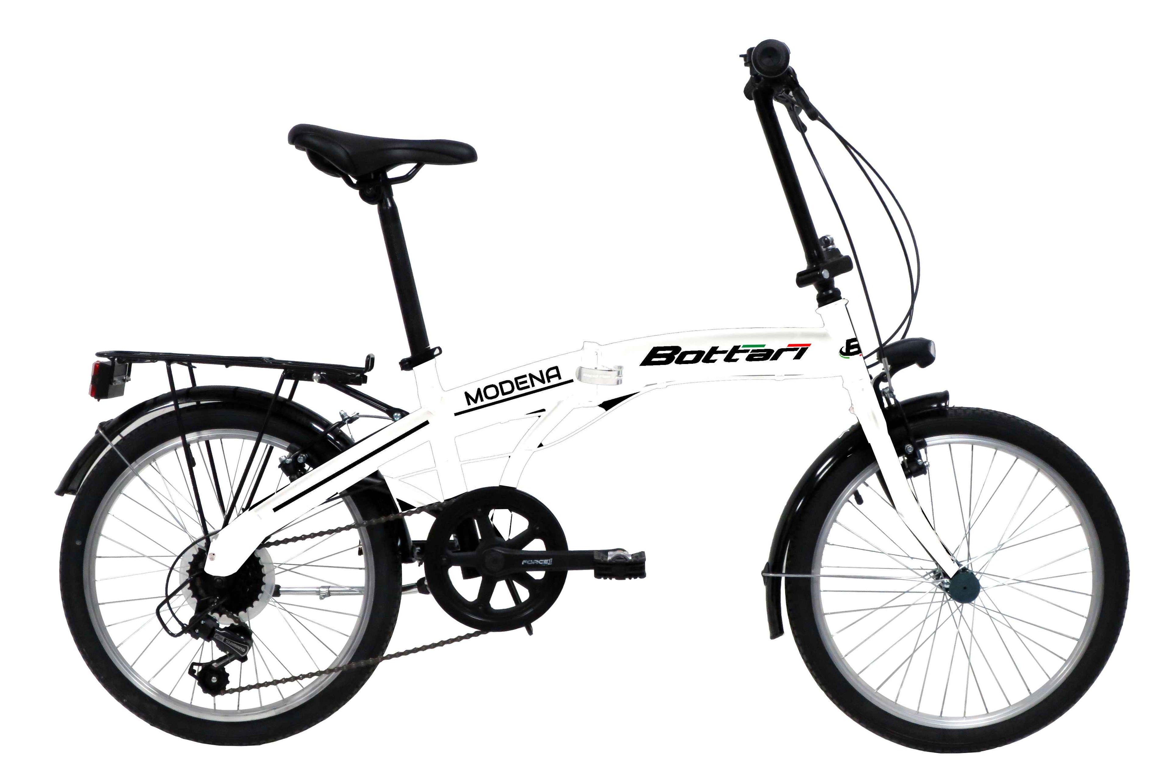Bicicleta PLEGABLE 20" 6 VELOCIDADES "MODENA" SHIMANO TY21 CUADRO DE ACERO CON PORTADOR Y GUARDABARROS- COLOR BLANCO