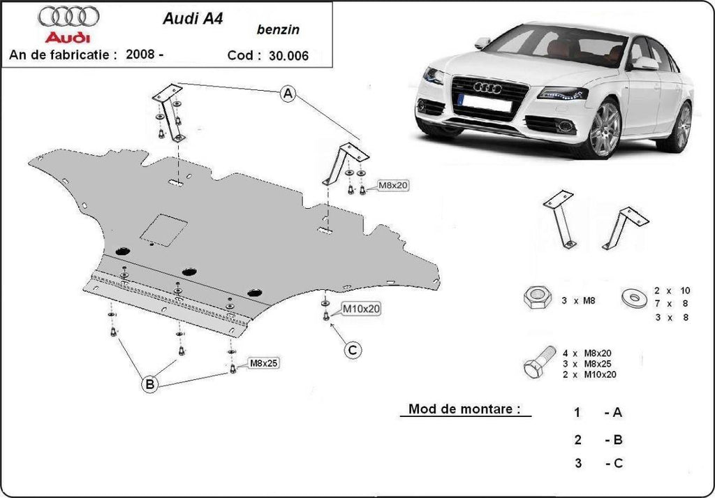 Cubre cárter metálico Audi A4 B8, Gasolina (2008-2014) a medida