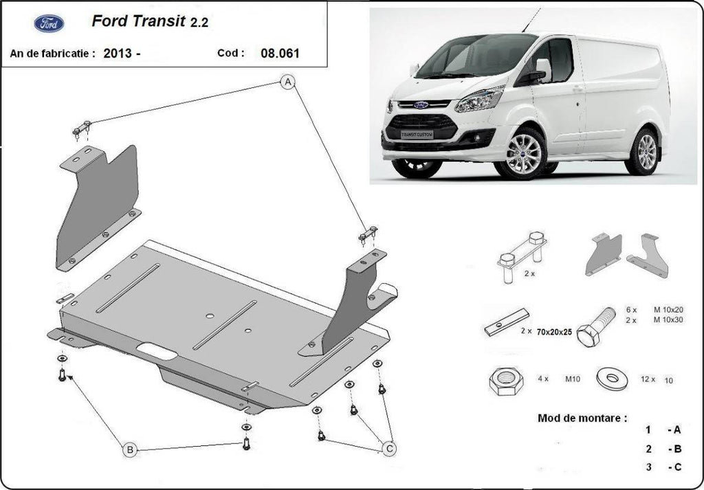 Cubre cárter metálico Ford Transit Custom (2013-2019) a medida