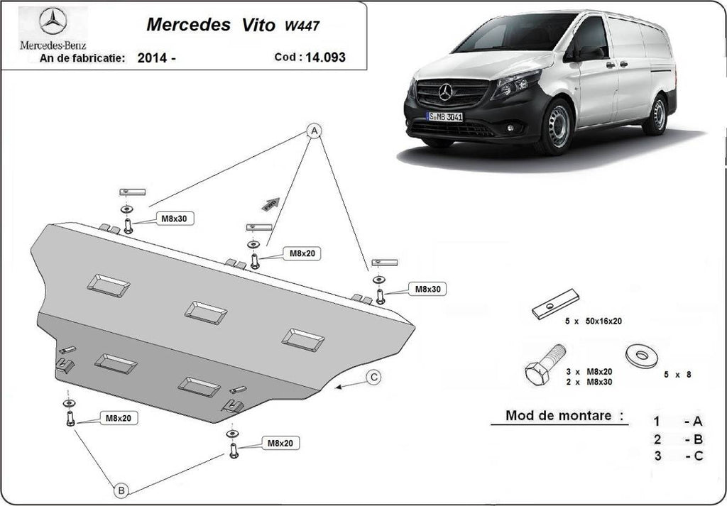 Cubre cárter metálico Mercedes Vito W447, 4x2, 1.6 D (2014-2022) a medida