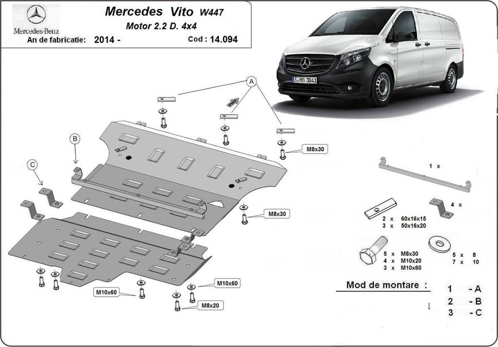 Cubre cárter metálico Mercedes Vito W447, 2.2 D, 4x4 (2014-2022) a medida