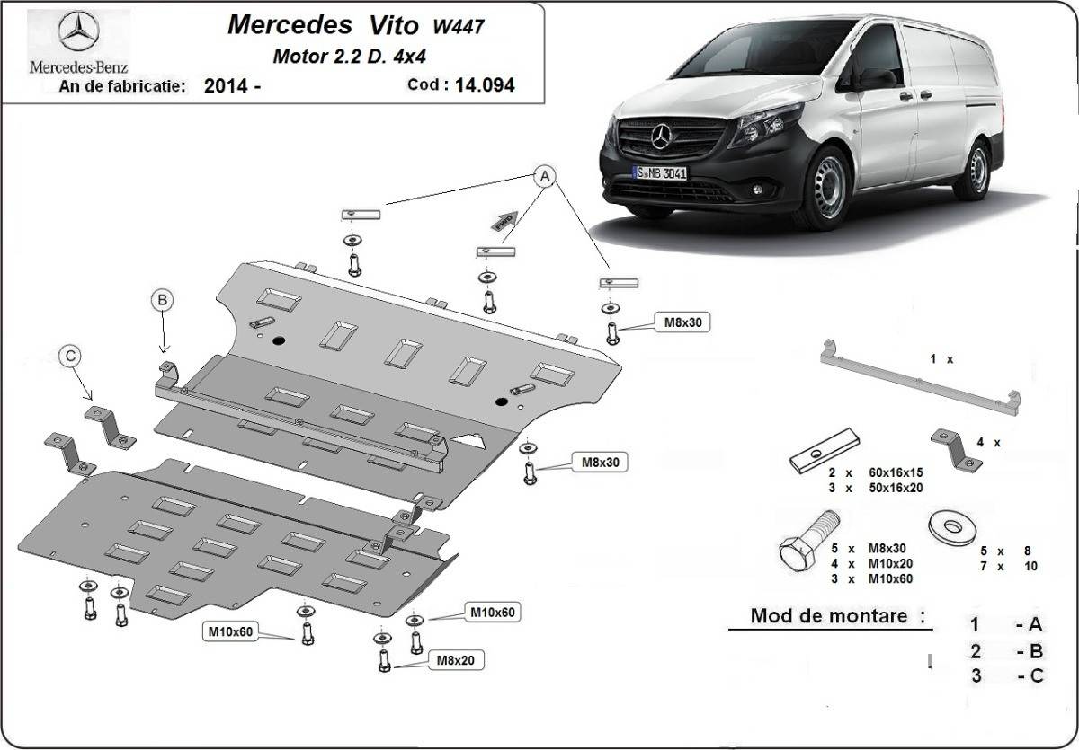 Cubre cárter metálico Mercedes Vito W447, 2.2 D, 4x4 (2014-2022) a medida