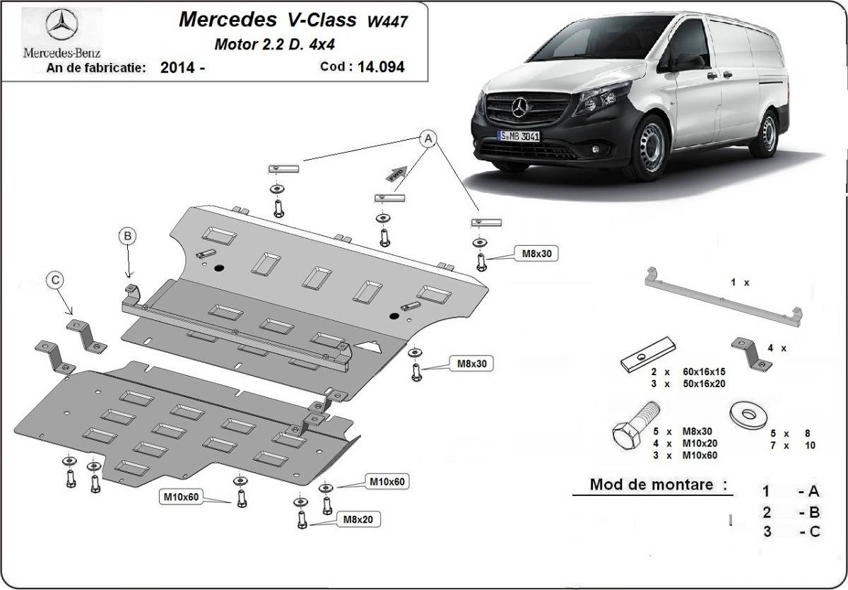 Cubre cárter metálico Mercedes Clase V W447, 2.2 D, 4x4 (2014-2020) a medida
