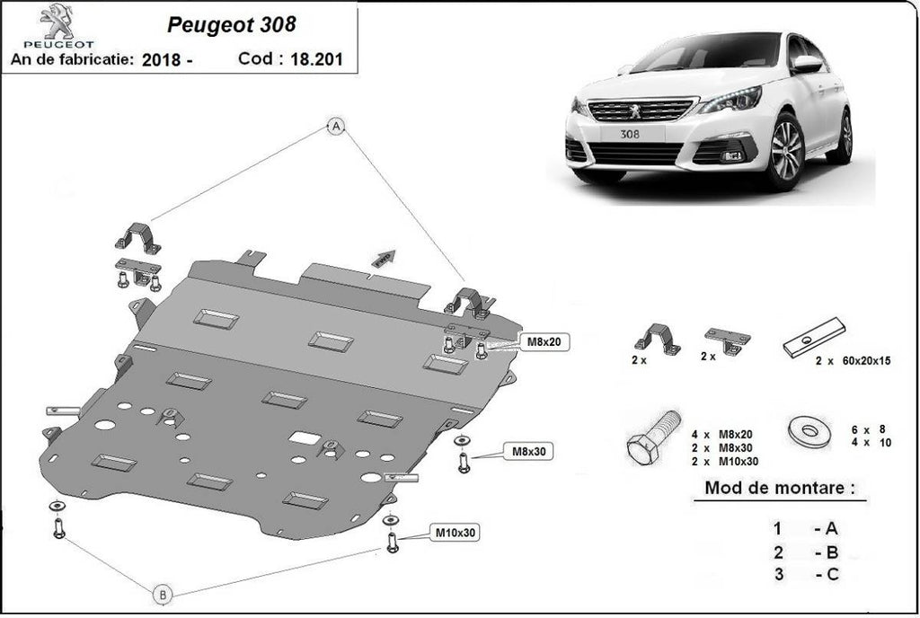 Cubre cárter metálico Peugeot 308 (2018-2022) a medida