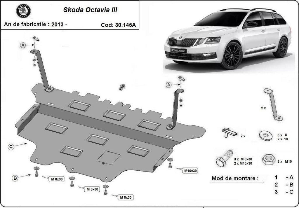 Cubre cárter metálico Skoda Octavia 3 - Caja de Cambios Automática "30.145A" (2013-2022) a medida