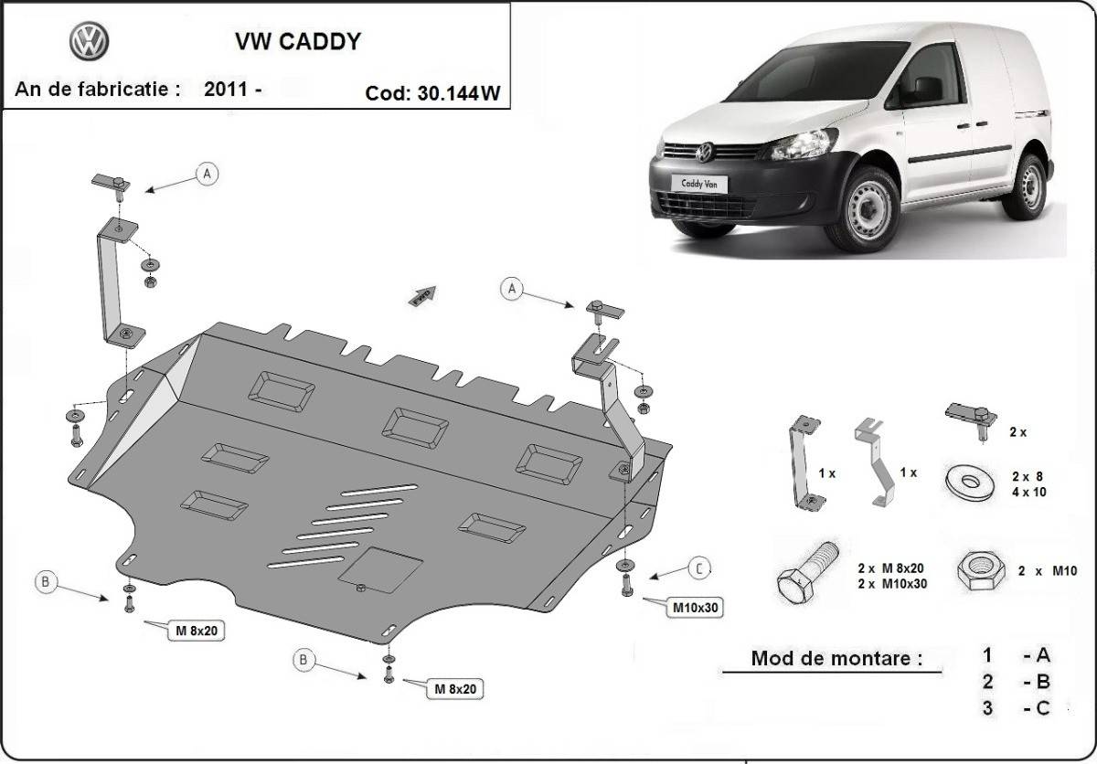 Cubre cárter metálico Volkswagen Caddy - con Webasto "30.144W" (2011-2020) a medida